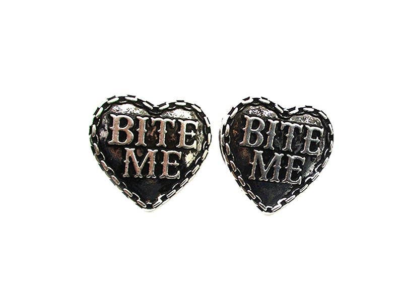 BITE ME HEART Engraved Stud Earrings – Edgy Western Statement Jewelry