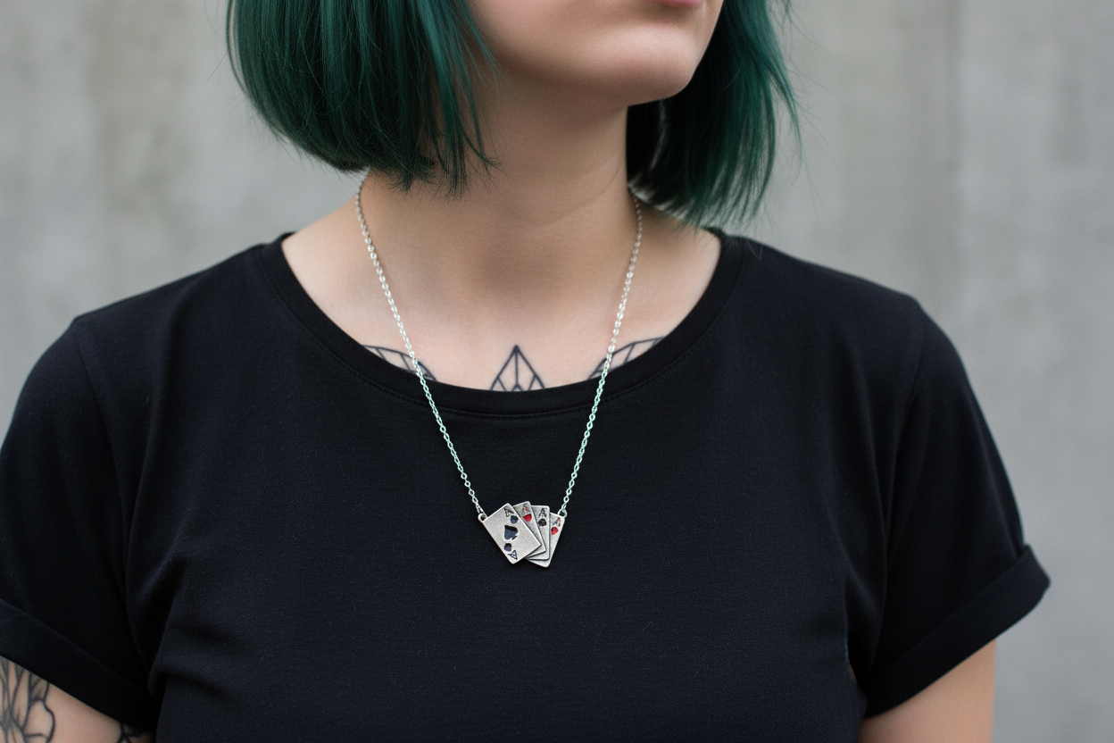 Four Aces Necklace lifestyle shot - model wearing necklace