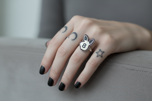 Eight Ball Bunny Ring lifestyle shot - model wearing ring