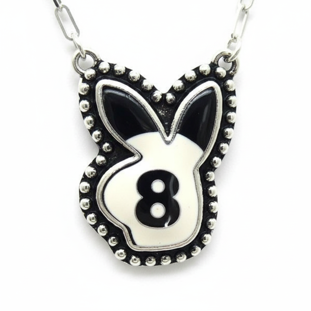 Eight Ball Bunny Necklace close-up detail showing bunny and eight ball design